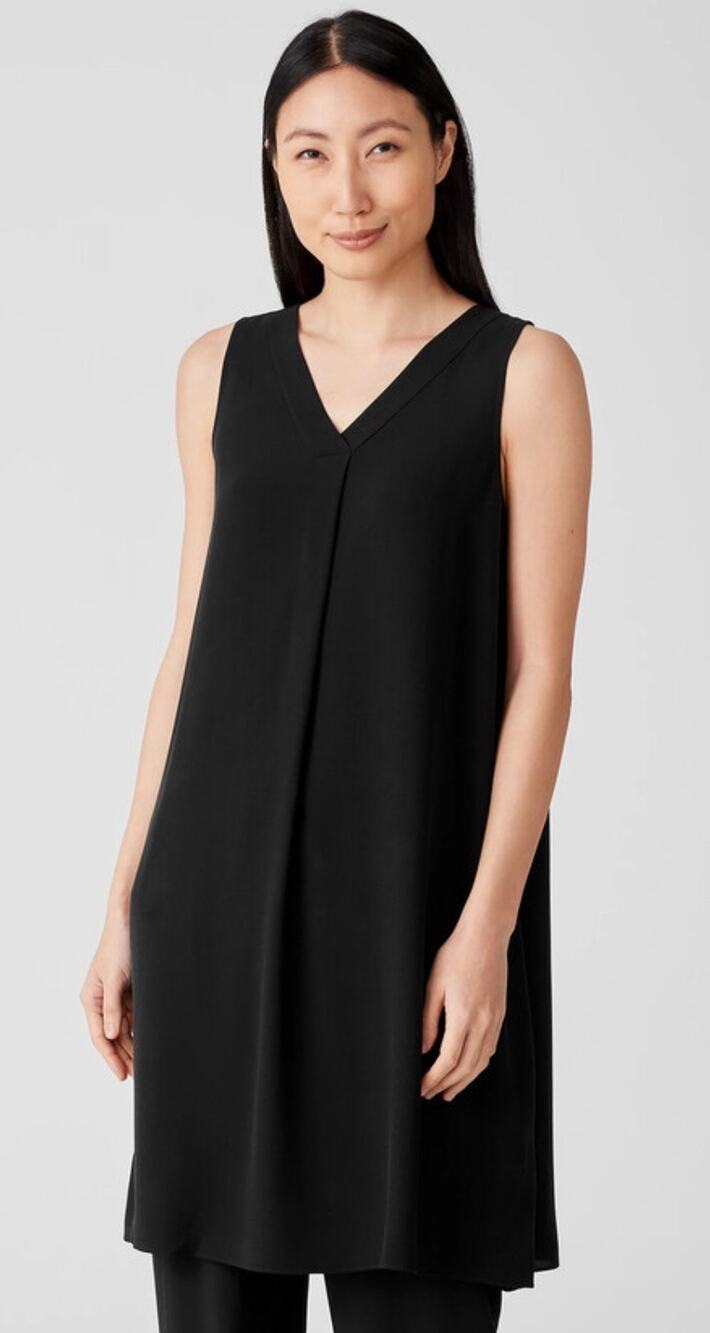 Eileen Fisher Silk Georgette Crepe Pleated Dress Black Casual Wardrobe Relax LP